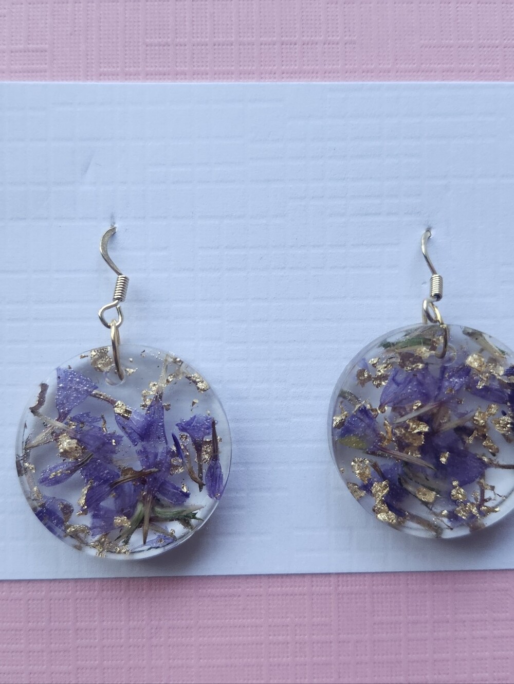 Purple Floral Resin Drop Earrings with Gold Leaf Accents